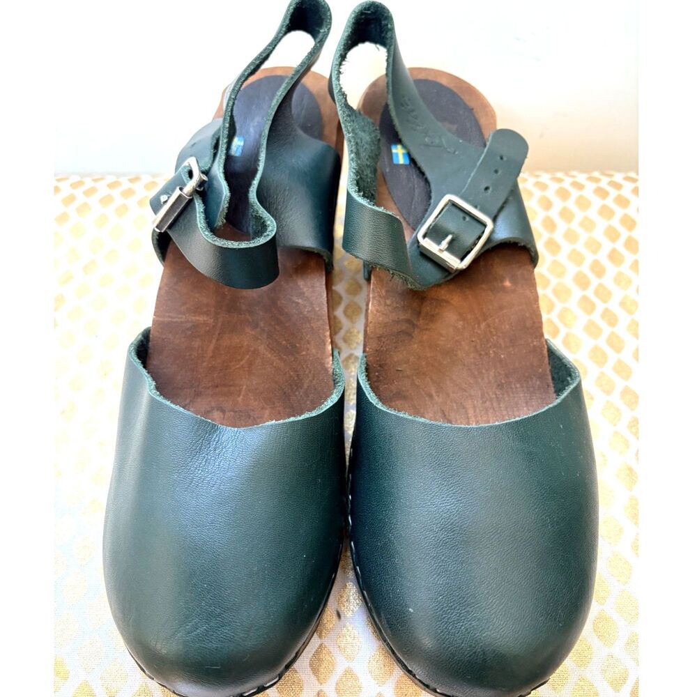 Lotta from Stockholm Dark Hunter Forest Green Leather Wood Heel Clog Sandals 41 - Picture 9 of 14